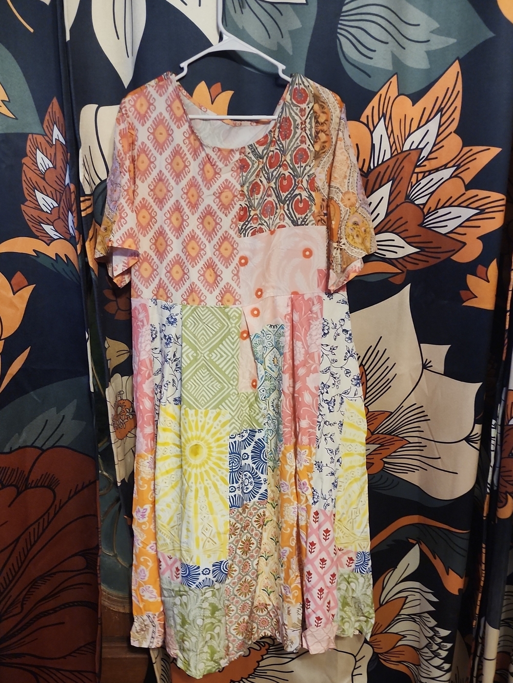 SHEIN Patchwork Midi Dress in Pink, Yellow, Green and Blue